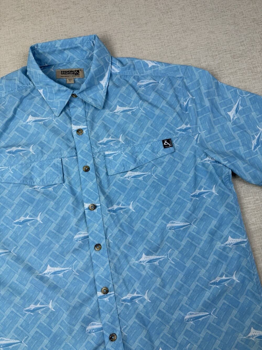 Hook & Tackle Performance Fishing Shirt Large Blue Marlin Print Stretch